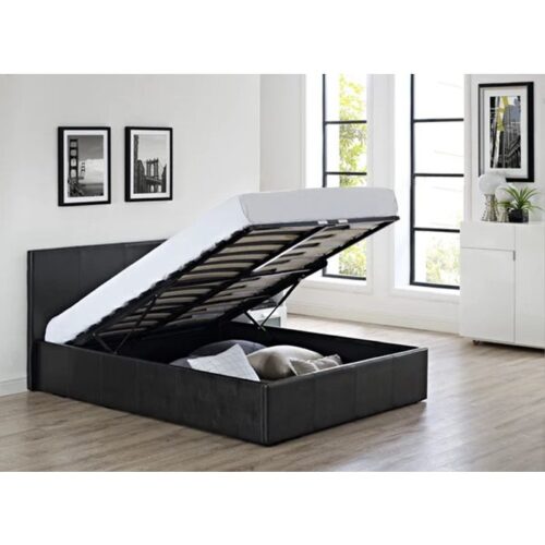Modern Design Leather Upholstery Ottoman 4ft6 Double Bed - Black