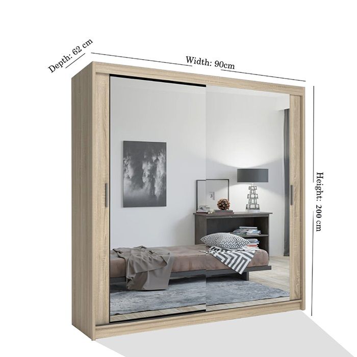 Chicago Mirror Sliding Door 90cm Wardrobe - Oak 1 Chicago Mirror Sliding Door 90cm Wardrobe - Oak