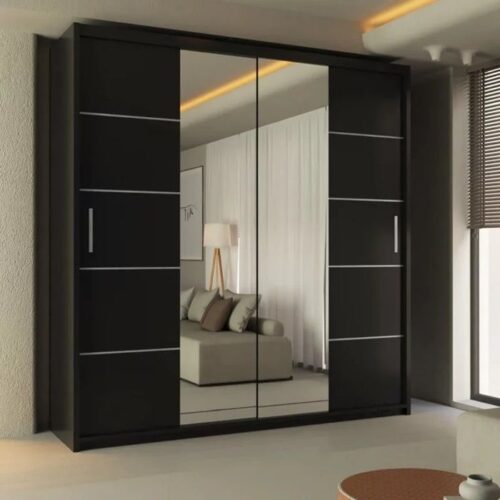 Lisbon Mirror Sliding Door 203cm Wardrobe - Black
