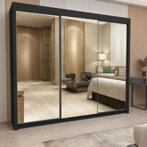 Chicago Mirror Sliding Door 250cm Large Wardrobe - Black