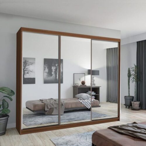 Chicago Mirror Sliding Door 250cm Large Wardrobe - Walnut