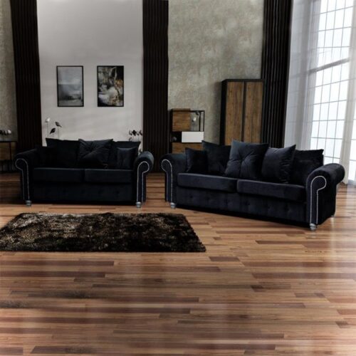 Ashwin Plush Velvet 3 Seater and 2 Seater Sofa Set - Black