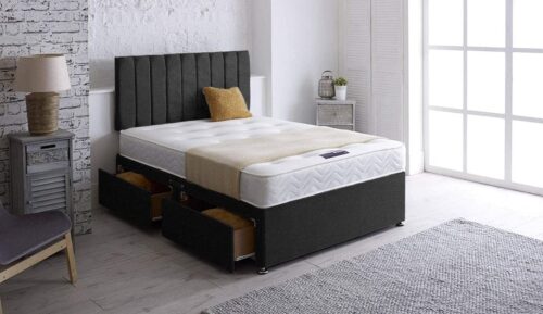 Plush velvet divan bed with royal spring mattress + 2 drawers